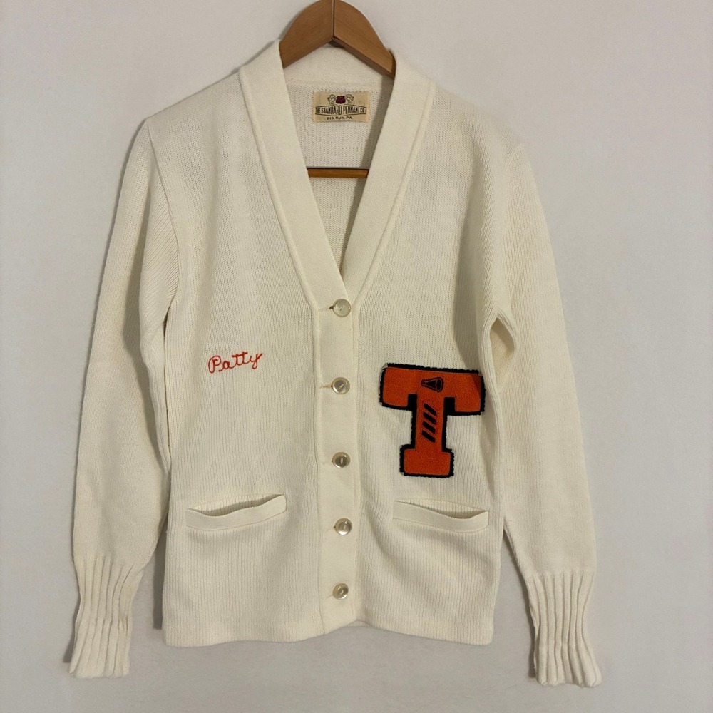 Vtg 50s 60s Standard Pennant Varsity Cardigan Sweater Womens S/M Knit Patty